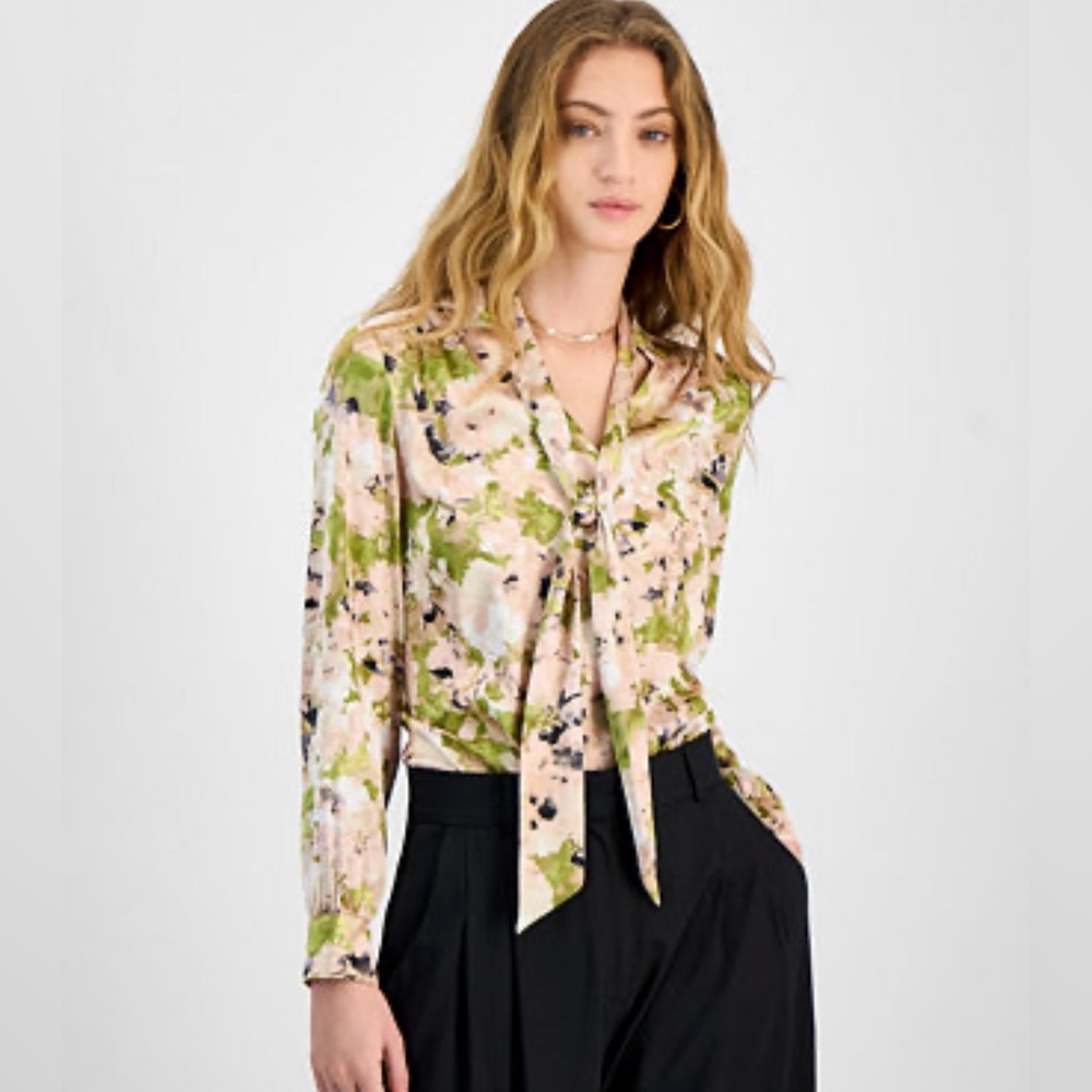 Bar III Pink and Green Floral Tie-Neck Blouse
